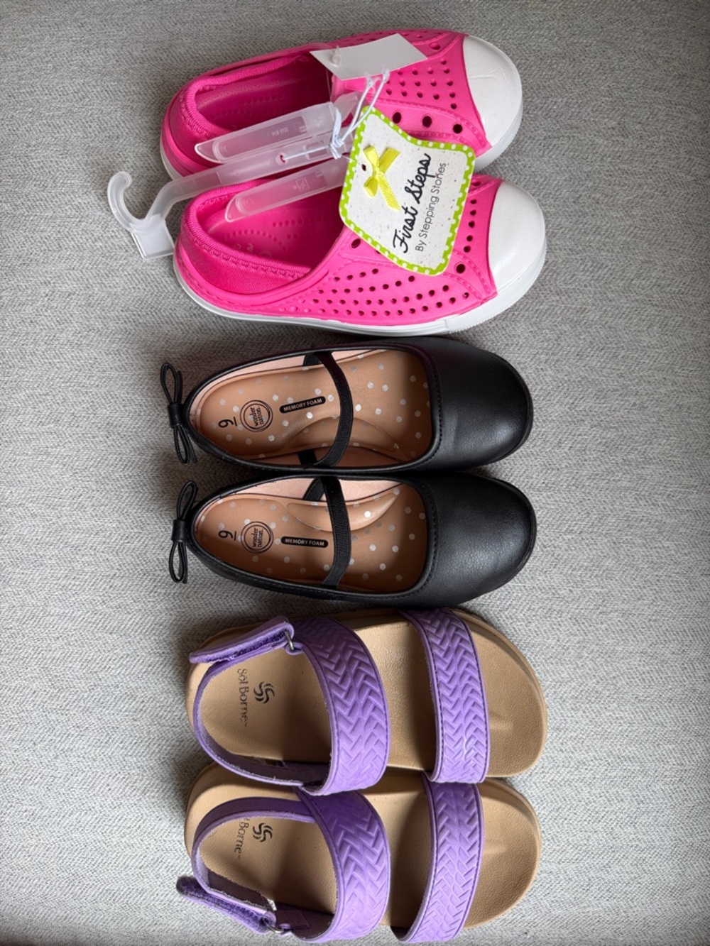 NWT sz 9 First Steps Pink Sandals, Purple EUC Sandals, EUC Black ballet Flats